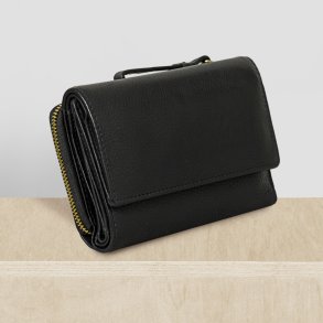 Belsac sort pung i mat skind med to rum, lynl�s og overslag til m�nter, sedler og kort