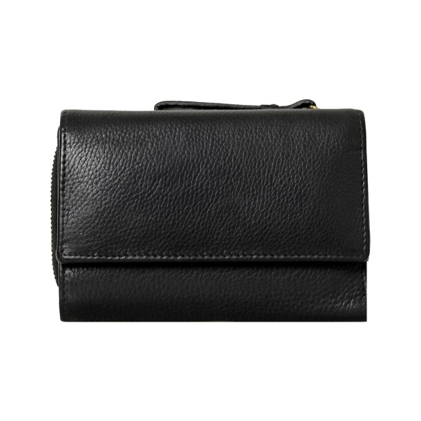 Belsac sort pung i mat skind med to rum, lynl�s og overslag til m�nter, sedler og kort