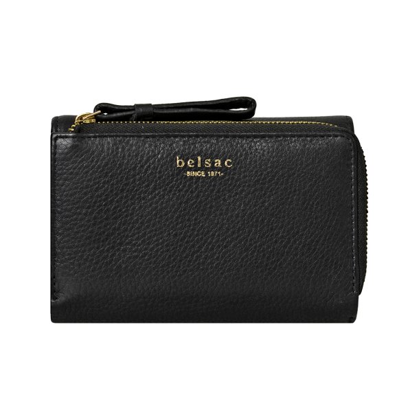 Belsac sort pung i mat skind med to rum, lynl�s og overslag til m�nter, sedler og kort
