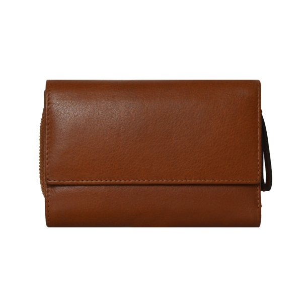 Belsac cognac pung i mat skind med to rum, lynl�s og overslag til m�nter, sedler og kort