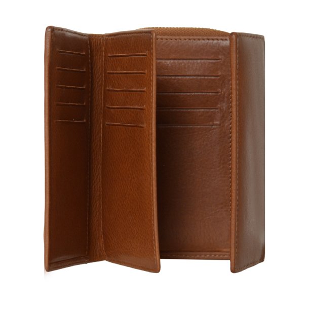 Belsac cognac pung i mat skind med to rum, lynl�s og overslag til m�nter, sedler og kort