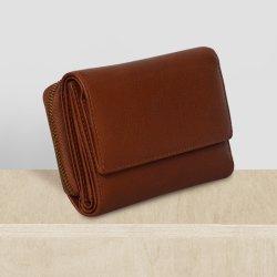 Belsac cognac pung i mat skind med to rum, lynl�s og overslag til m�nter, sedler og kort