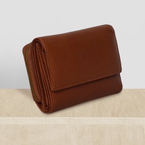 Belsac cognac pung i mat skind med to rum, lynl�s og overslag til m�nter, sedler og kort