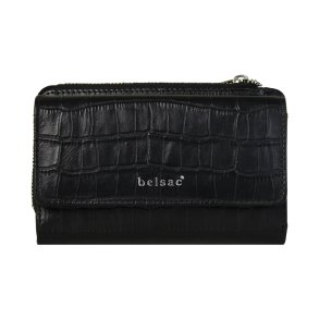 Belsac sort pung i krokopr�get skind med 3 rum til m�nter, sedler og kort