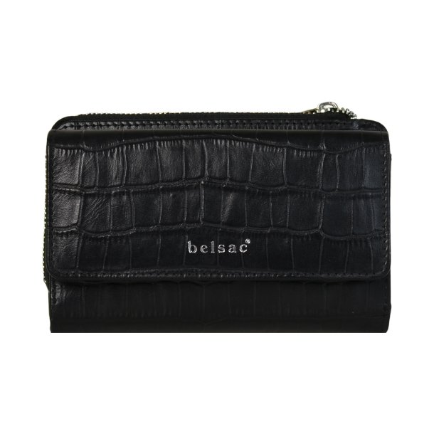 Belsac sort pung i krokoprget skind med 3 rum til mnter, sedler og kort