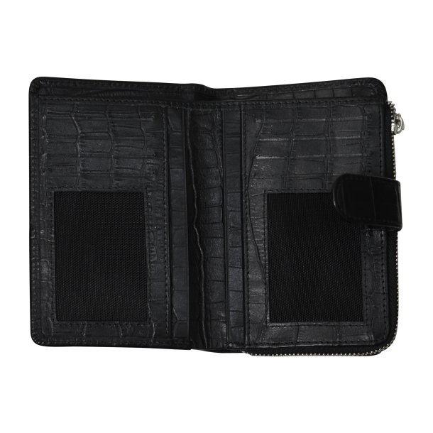 Belsac sort pung i krokoprget skind med 3 rum til mnter, sedler og kort