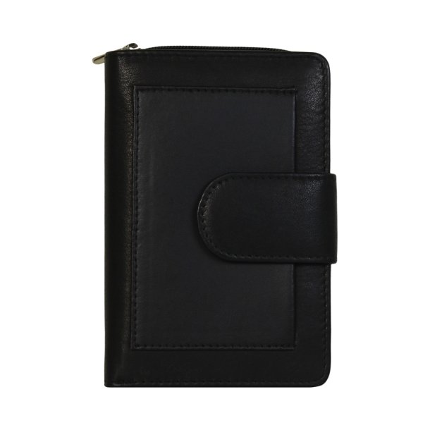 Belsac sort pung i skind med to separate rum. Lukkes med lynls og trykknap