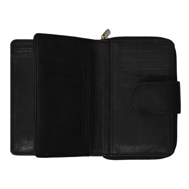 Belsac sort pung i skind med to separate rum. Lukkes med lynls og trykknap