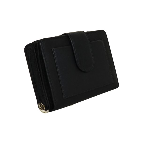 Belsac sort pung i skind med to separate rum. Lukkes med lynls og trykknap