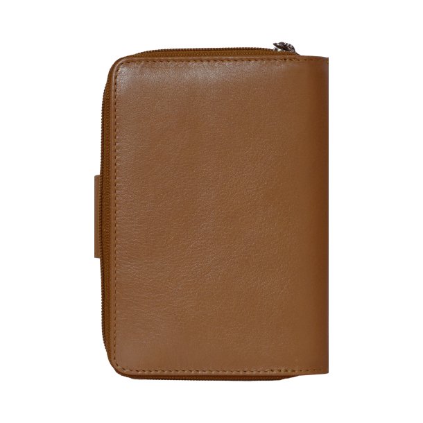 Belsac camel pung i skind med to rum, trykknap og lynl�s