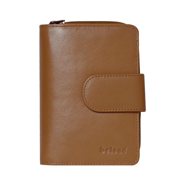 Belsac camel pung i skind med to rum, trykknap og lynl�s