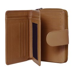 Belsac camel pung i skind med to rum, trykknap og lynl�s