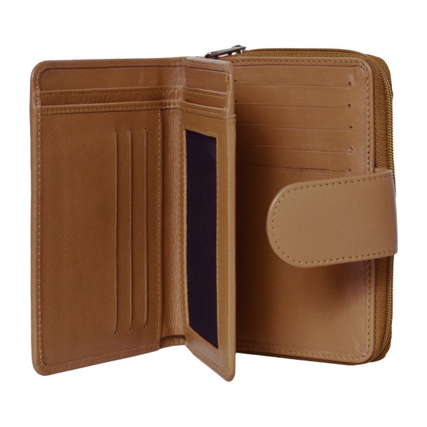 Belsac camel pung i skind med to rum, trykknap og lynl�s