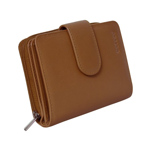 Belsac camel pung i skind med to rum, trykknap og lynl�s