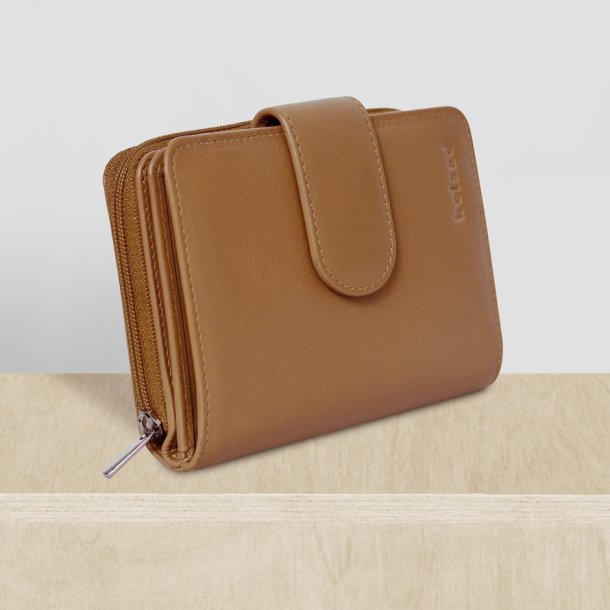 Belsac camel pung i skind med to rum, trykknap og lynl�s