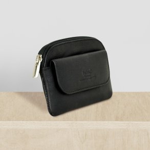 Belsac sort m�ntpung i mat skind med lynl�s og lomme