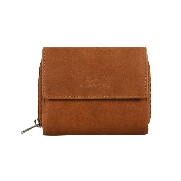Belsac cognac pung i skind med lynlsrum til mnter/sedler og tofljet rum til kort/sedler