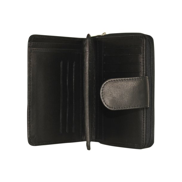 Belsac sort pung i skind med to separate rum; et til kort/sedler og et til mnter/sedler