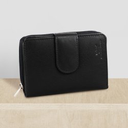 Belsac sort pung i skind med to separate rum; et til kort/sedler og et til mnter/sedler