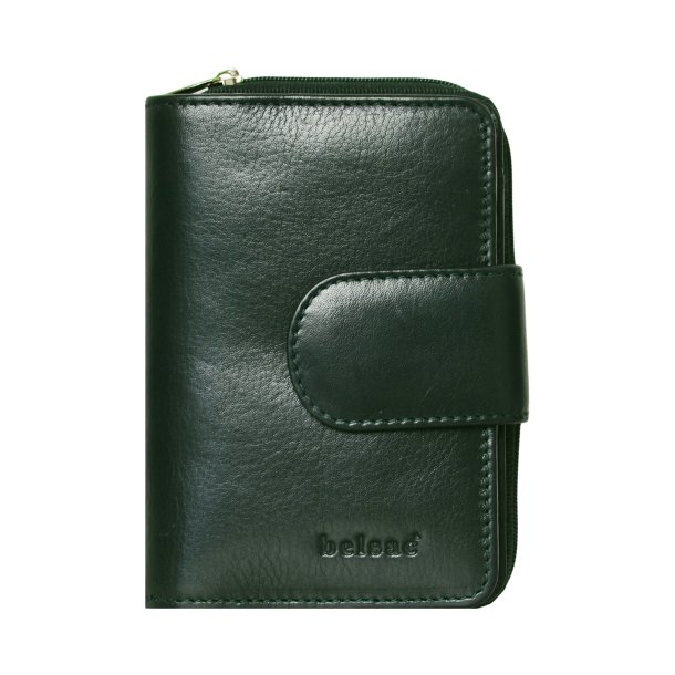 Belsac m�rk gr�n pung i skind med to separate rum; et til kort/sedler og et til m�nter/sedler