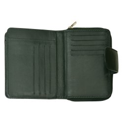Belsac m�rk gr�n pung i skind med to separate rum; et til kort/sedler og et til m�nter/sedler