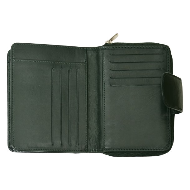 Belsac m�rk gr�n pung i skind med to separate rum; et til kort/sedler og et til m�nter/sedler