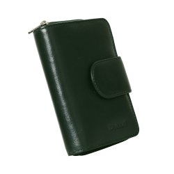 Belsac m�rk gr�n pung i skind med to separate rum; et til kort/sedler og et til m�nter/sedler