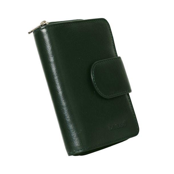 Belsac m�rk gr�n pung i skind med to separate rum; et til kort/sedler og et til m�nter/sedler