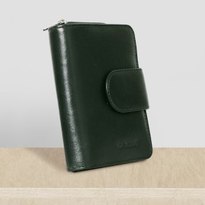 Belsac m�rk gr�n pung i skind med to separate rum; et til kort/sedler og et til m�nter/sedler