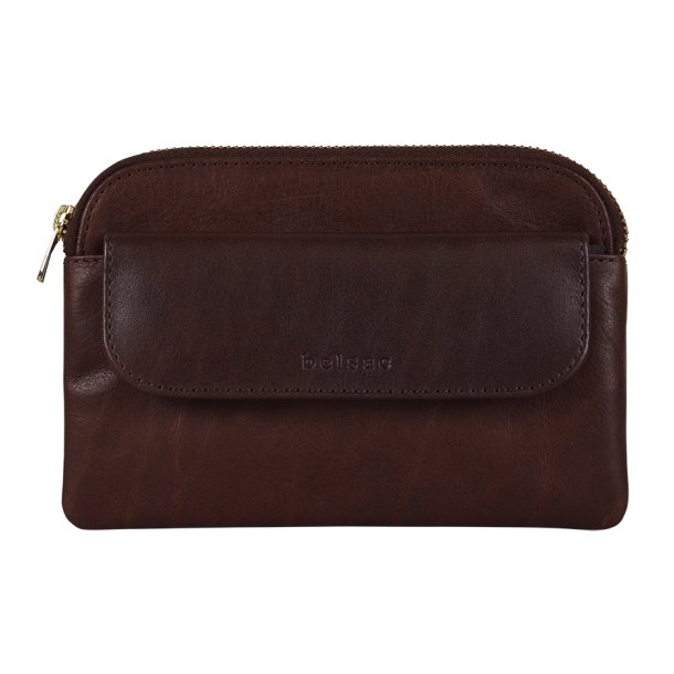 Belsac brun pung i skind med lynls og lomme - perfekt til pas og papirer til ferien