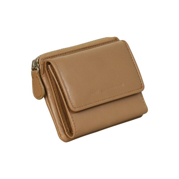 Belsac beige pung i skind med to rum, lynls og overslag til kort og kontanter