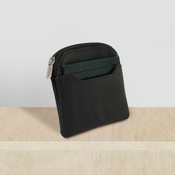Belsac sort pung i skind med aftagelig kortholder i bl/grnt skind
