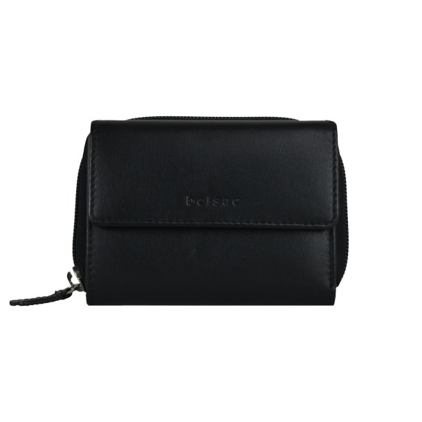 Belsac pung i sort med to rum, lynls og trykknap til mnter, sedler og kort