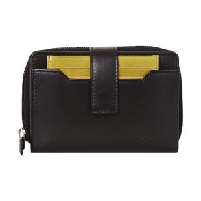 Belsac sort/gul pung i skind med to rum separate rum til sedler, m�nter, kort. Inkl. l�s kortholder