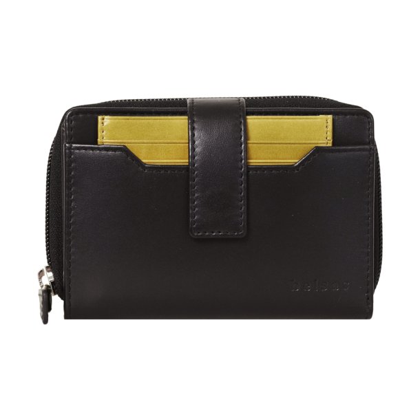 Belsac sort/gul pung i skind med to rum separate rum til sedler, mnter, kort. Inkl. ls kortholder