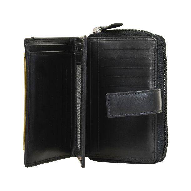 Belsac sort/gul pung i skind med to rum separate rum til sedler, mnter, kort. Inkl. ls kortholder