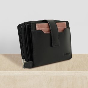 Belsac sort/rosa pung i skind med to rum separate rum til sedler, mnter, kort. Inkl. ls kortholder