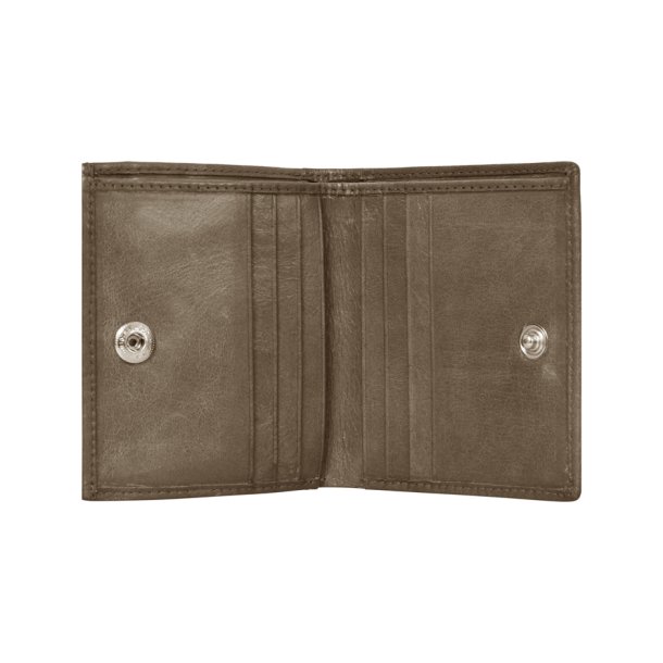 Belsac jordfarvet pung i skind med to rum. Plads til kort og kontanter og lukkes med trykknap