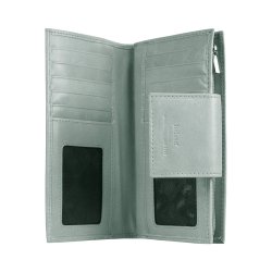 Belsac lys grn pung i skind med to separate  rum og plads til mnter, sedler og mange kreditkort 