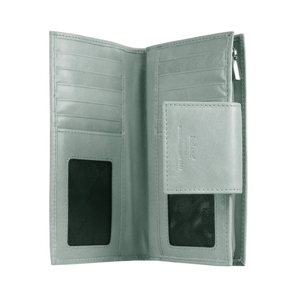 Belsac lys grn pung i skind med to separate  rum og plads til mnter, sedler og mange kreditkort 