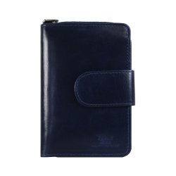 Belsac pung i bl skind med to rum, det ene lukkes med lynls og det andet med trykknap