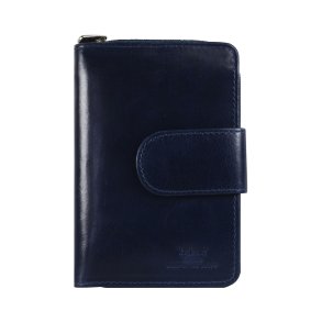 Belsac pung i bl� skind med to rum, det ene lukkes med lynl�s og det andet med trykknap