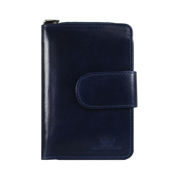 Belsac pung i bl skind med to rum, det ene lukkes med lynls og det andet med trykknap