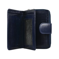 Belsac pung i bl skind med to rum, det ene lukkes med lynls og det andet med trykknap