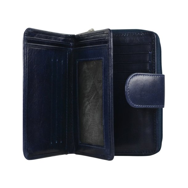 Belsac pung i bl skind med to rum, det ene lukkes med lynls og det andet med trykknap