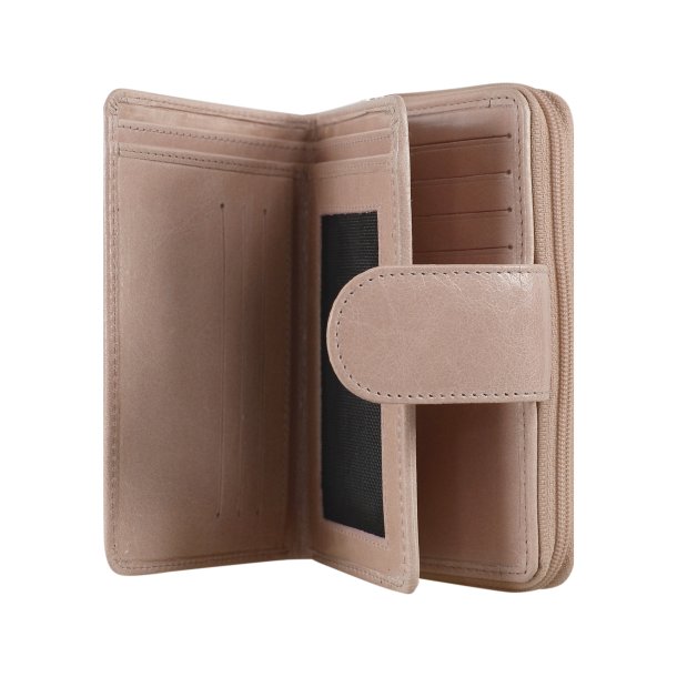 Belsac lys rosa pung i skind med to rum, det ene lukkes med lynl�s og det andet med trykknap