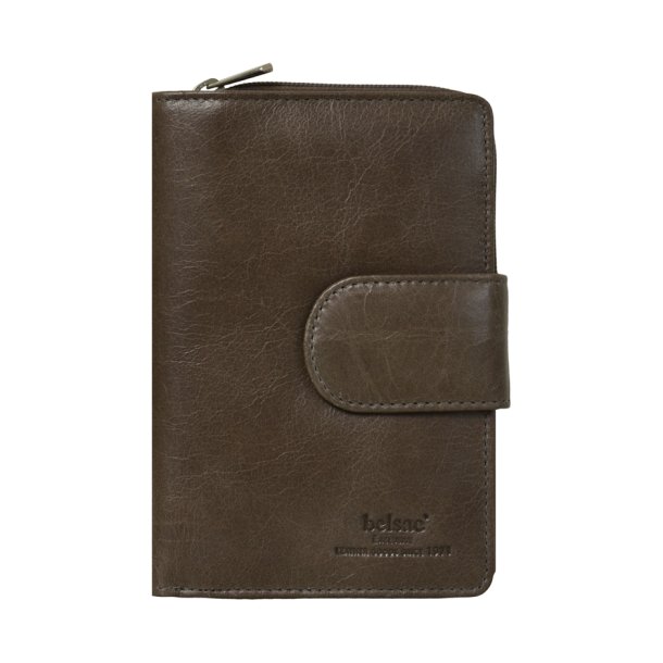 Belsac pung i earth skind med to rum, hvor det ene lukkes med lynl�s og det andet med trykknap