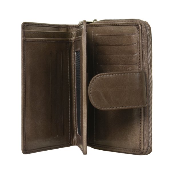 Belsac pung i earth skind med to rum, hvor det ene lukkes med lynl�s og det andet med trykknap