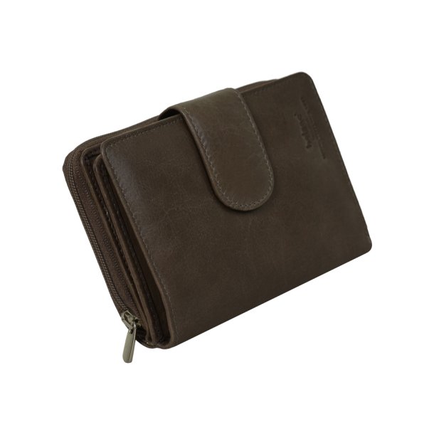 Belsac pung i earth skind med to rum, hvor det ene lukkes med lynl�s og det andet med trykknap