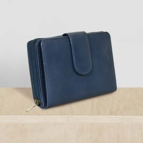 Belsac lys bl� pung i skind med to rum, det ene lukkes med lynl�s og det andet med trykknap